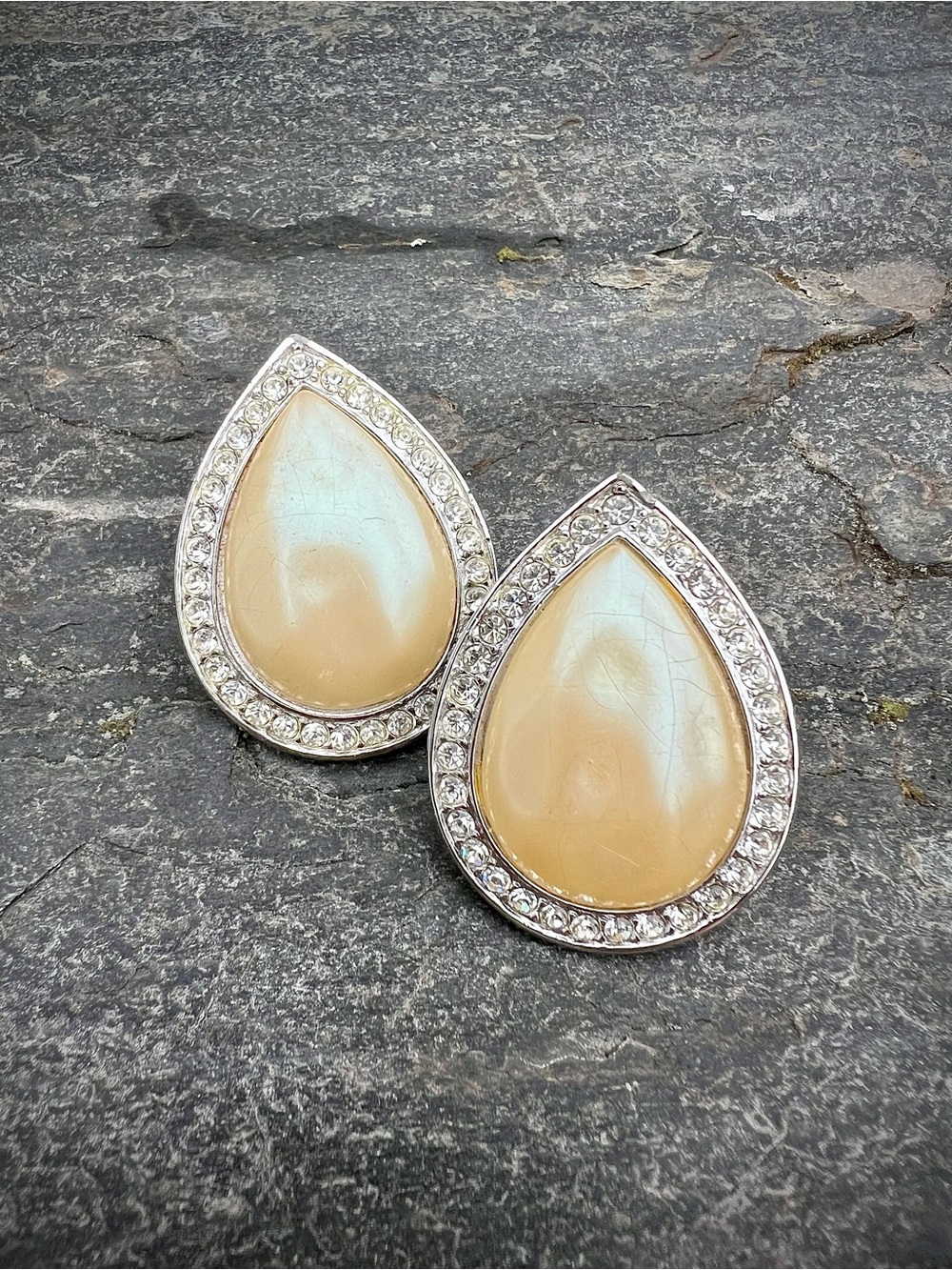 Vintage Yves Saint Laurent YSL Clip-On Earrings Cabochon Rhinestone 1980s Signed